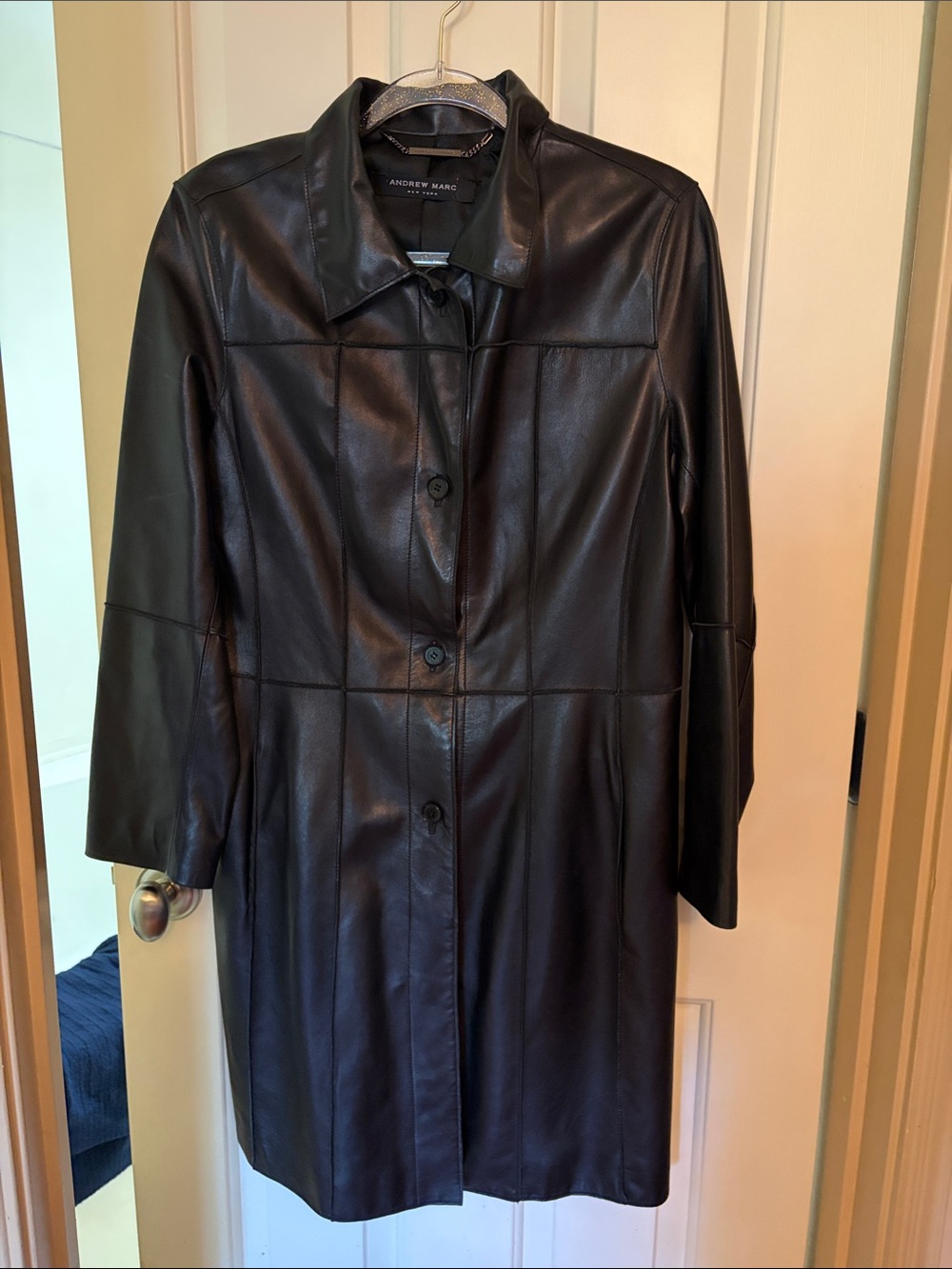 Andrew Marc Black Leather Button-Front Coat